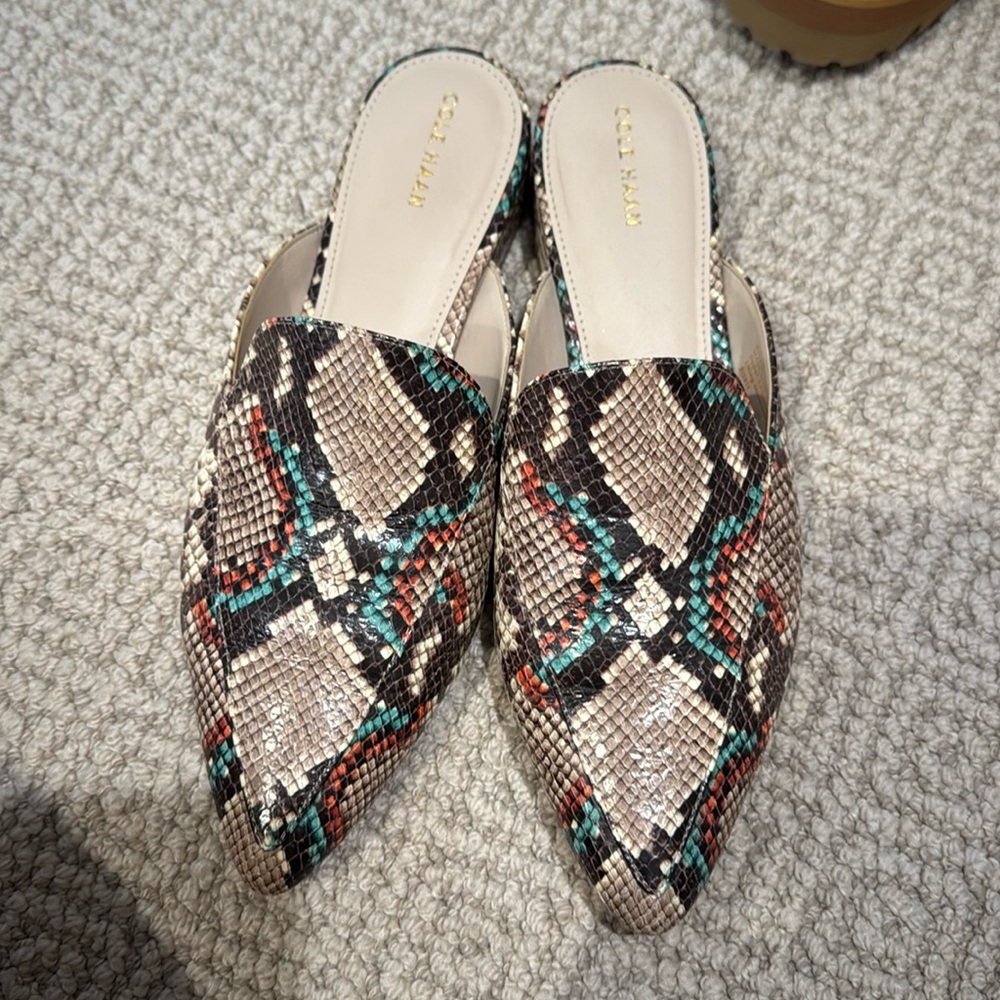 Cole Haan snake mules, size 9.5, not much wear.
